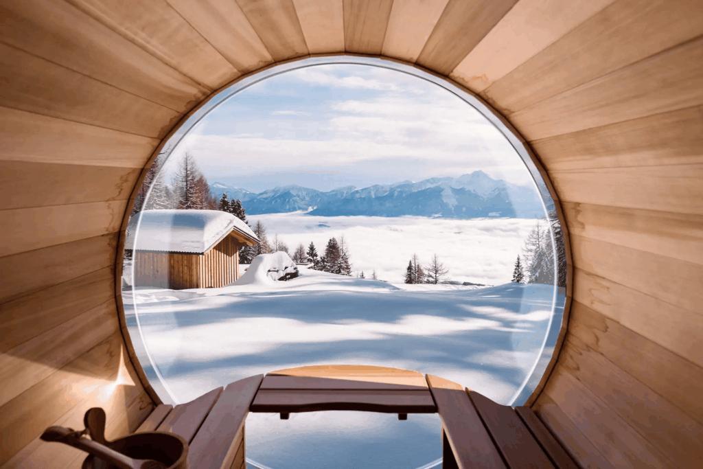 Sauna extérieur traditionnel en bois avec vue panoramique, installation Pays Basque
